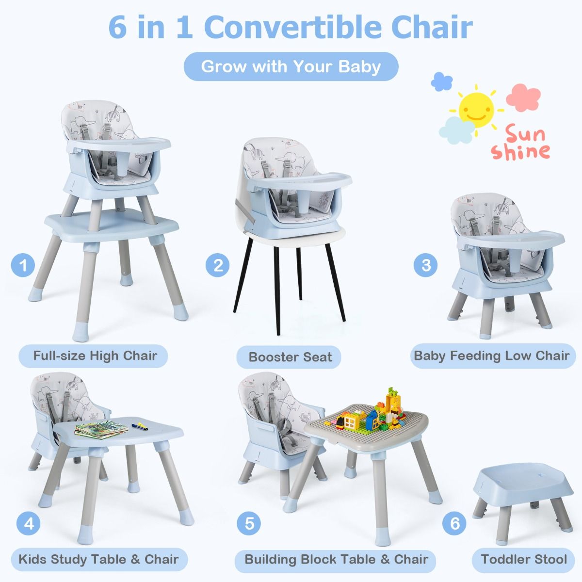 Coast 6-in-1-Kinderstuhl – Sitzerhöhung und Bauklötztisch – inklusive Hocker und 5-Punkt-Gurt – Hellgrau
