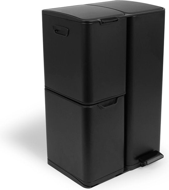 Umuzi Reinigungsabfallbehälter - 60L - Soft Close - Mattschwarz - Abfalltrennung 3 Behälter - 47 x 39 x 72