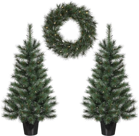 Black Box Trees Glendon Weihnachtsbaum- und Weihnachtskranz-Set – 2 künstliche Weihnachtsbäume und 1 Kranz mit LED-Beleuchtung – Grün