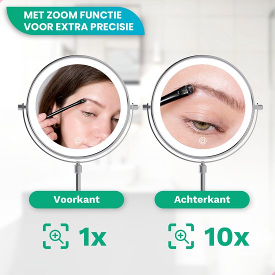 Mirlux Luxus-Make-up-Spiegel mit LED-Licht - 10-fache Vergrößerung - Verstellbar & wiederaufladbar - 3 Lichtstufen - Chrom - Make-up-Spiegel - Spiegel mit LED-Licht