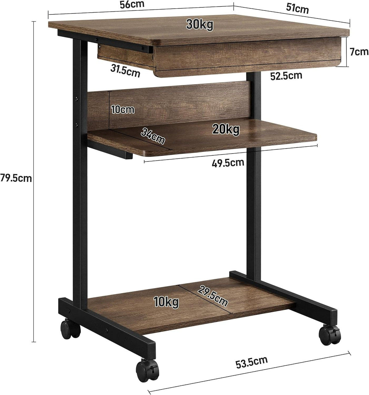 Yaheetech Rolltisch mit Schublade und 4 Ablageböden – 56 x 51 x 79,5 cm – Taupe