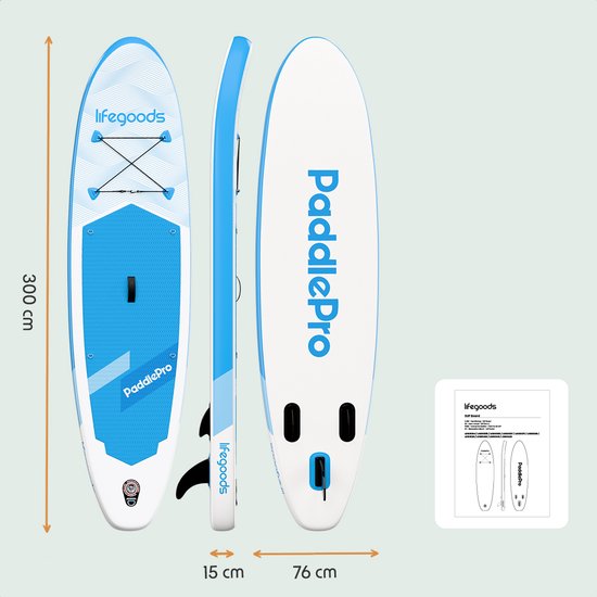 LifeGoods SUP Board All-round Compact - Mit Sitz - 100 KG Tragfähigkeit - 300 x 76 cm - Aufblasbar - Komplettes SUP Paket - Himmelblau