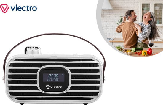 Vlectro - Retro DAB+ Radio mit Bluetooth - Kompaktes Design - 12h Akkulaufzeit - Wecker inklusive