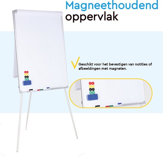 BRASQ Flipchart - 70x100cm - Verstellbares Whiteboard - Inklusive 25 Blatt Papier, 4 Marker, 8 Magnete, Radiergummi - Magnettafel mit Haken - Magnettafel - Aluminium