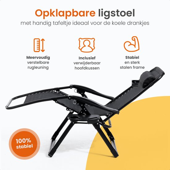 Goliving Klappbare Liege - 3 Ständer - 110 x 66 x 178 cm - Mit Tisch - Klappbar - Schwarz
