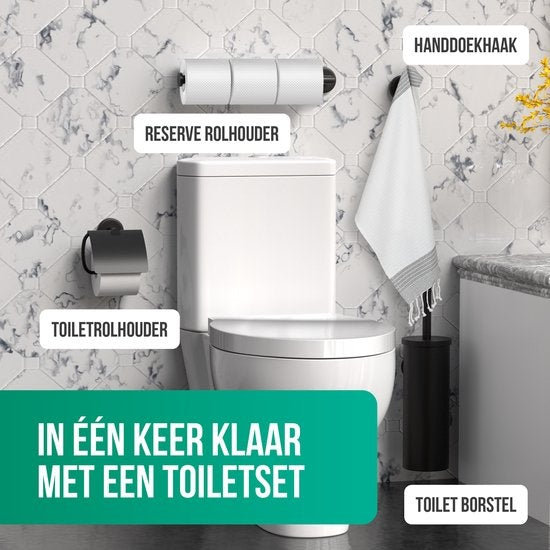 Avalo Toilettenzubehör Set Schwarz 4-teilig - Luxus-Toilettengarnitur - Toilettenbürste mit Halter / Toilettenpapierhalter / Ersatzpapierhalter / Handtuchhaken - inkl. Befestigungsmaterial