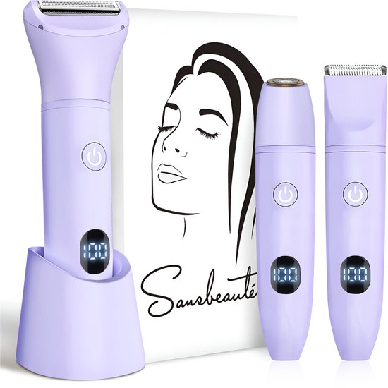 3-in-1 Ladyshave mit Display - Gesicht - Achseln - Beine - Bikinizone - Sansbeauté® - Rasierer Frau - Elektrischer Epilierer - Gesichtshaarentfernung Damen - Trimmer Frau - Ladyshaves Bikini - USB Wiederaufladbar
