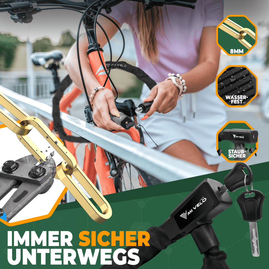 MIVELO Fahrradschloss Kettenschloss - 100 cm lang & 8 mm dick - Für E-Bike & Scooter - Gehärteter Stahl - Schwarz