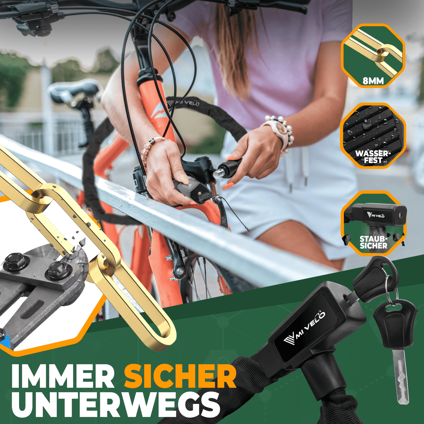 MIVELO Fahrradkette - Schlüsselschloss - 85 cm - Stahl - Schwarz