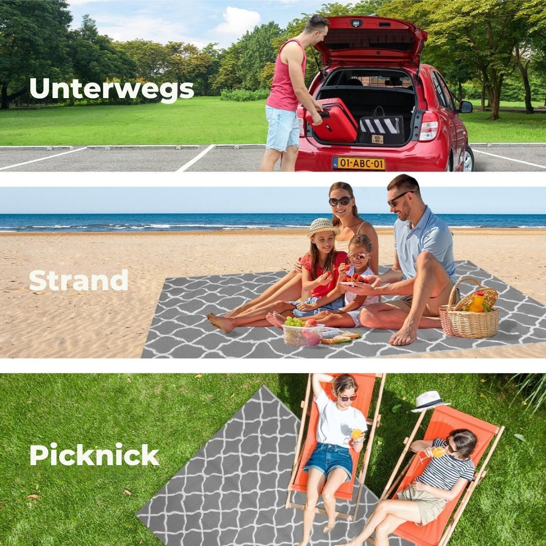 LifeGoods Outdoor-Teppich - 120x180cm - Gartenteppich - beidseitig verwendbar - Inkl. Tragetasche - Mit Muster - Grau/Weiß
