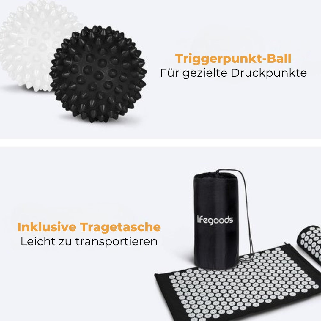 LifeGoods Akupressurmatte - Mit Kissen - Shakti Matte - Inkl. 2x Triggerpunkt Ball - 66x40x2cm - Schwarz/Weiß
