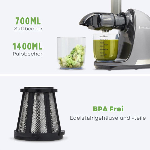 KitchenBrothers Entsafter - 700ml - BPA-frei - Trockenes Fruchtfleisch - Grau
