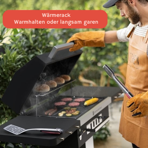 KitchenBrothers - Holzkohlestehgrill Barbecue - BBQ - mit Deckeln und Rädern - Edelstahl Grillrost - Schwarz