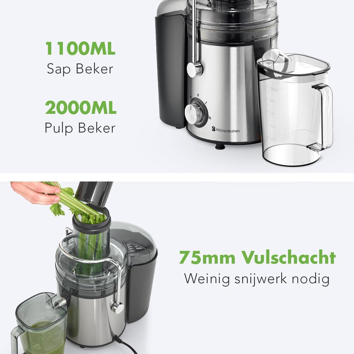KitchenBrothers Saftpresse - Für Gemüse und Obst - 1100 ml - 800W - Schwarz