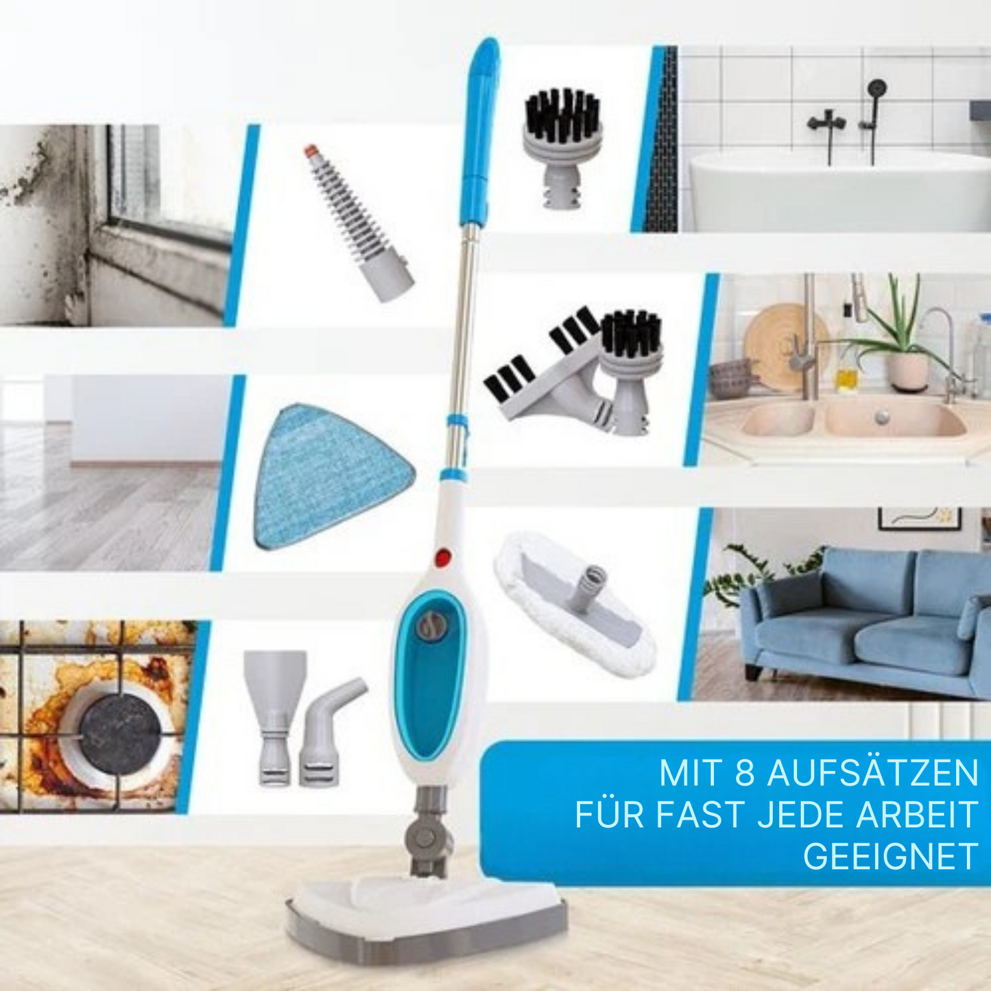 Strex - 12 in 1 Dampfreiniger/ Teppichreiniger/ Fleckenreiniger - entfernt 99,9% der Bakterien - 1200W - 350ml - Weiß