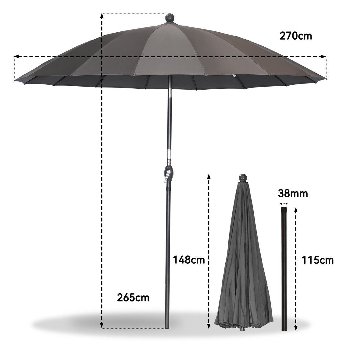 Angel Living Sonnenschirm Rund - Ø270cm - Massiv - Kippbar - Grau