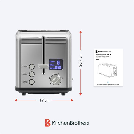 KitchenBrothers Toaster - Toaster - 6 Heizstufen - 2 extra breite Schlitze - 815W - Edelstahl/Silber