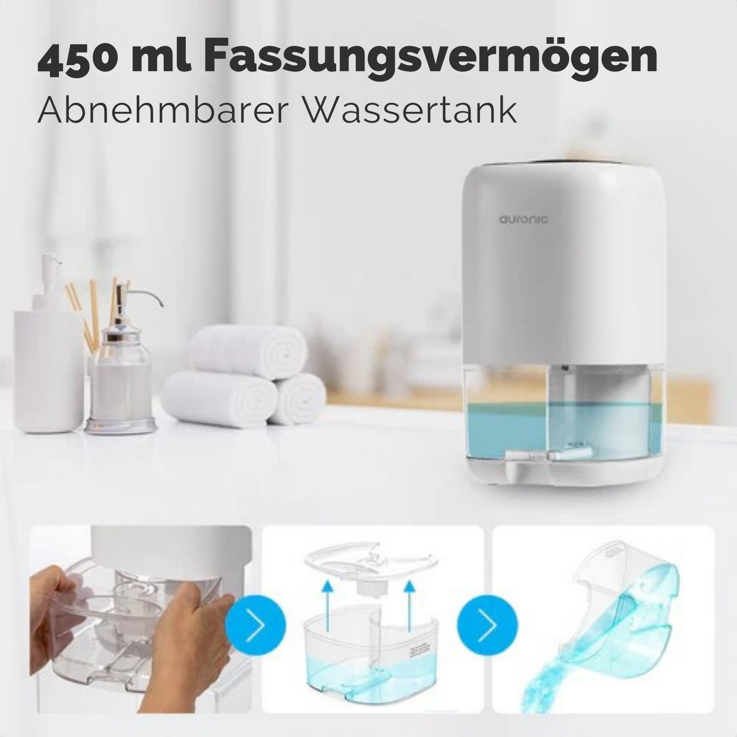 Auronic Luftentfeuchter - 450ml pro Tag - 40W - LED - Für Wohnzimmer/Schlafzimmer/Badezimmer - Weiß