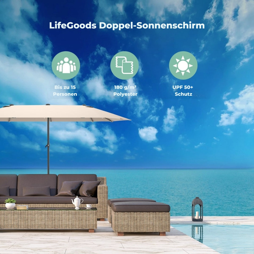 LifeGoods Doppelter Sonnenschirm - 270x460cm - Bis zu 15 Personen - Wasserdicht - Mit Bezug - Taupe