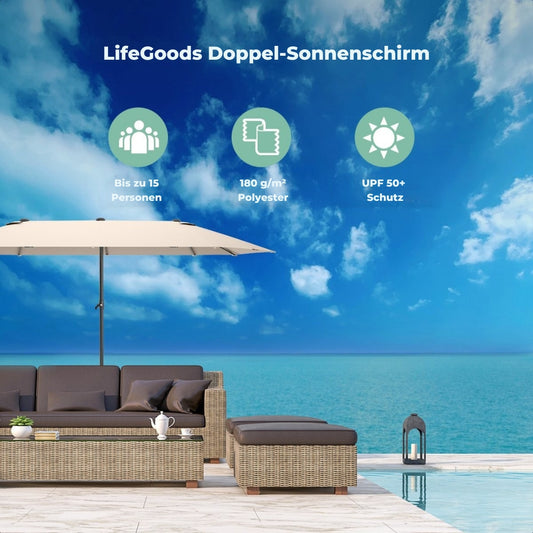 LifeGoods Doppelter Sonnenschirm - 270x460cm - Bis zu 15 Personen - Wasserdicht - Mit Bezug - Taupe