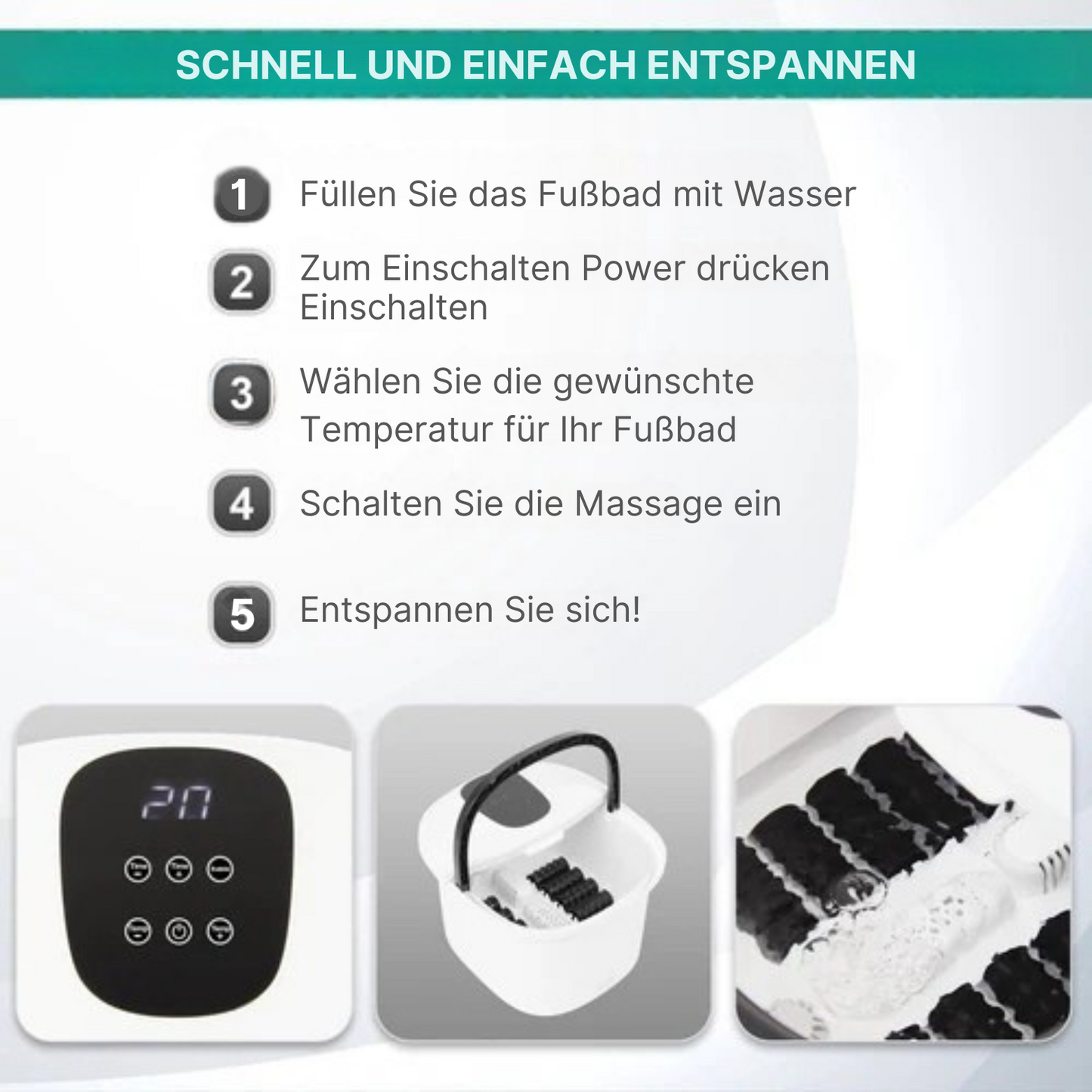Niceey Massage-Fußbad - XXL - mit Sprudelfunktion & Massagerollen - Infrarot-Wärmefunktion - Weiß