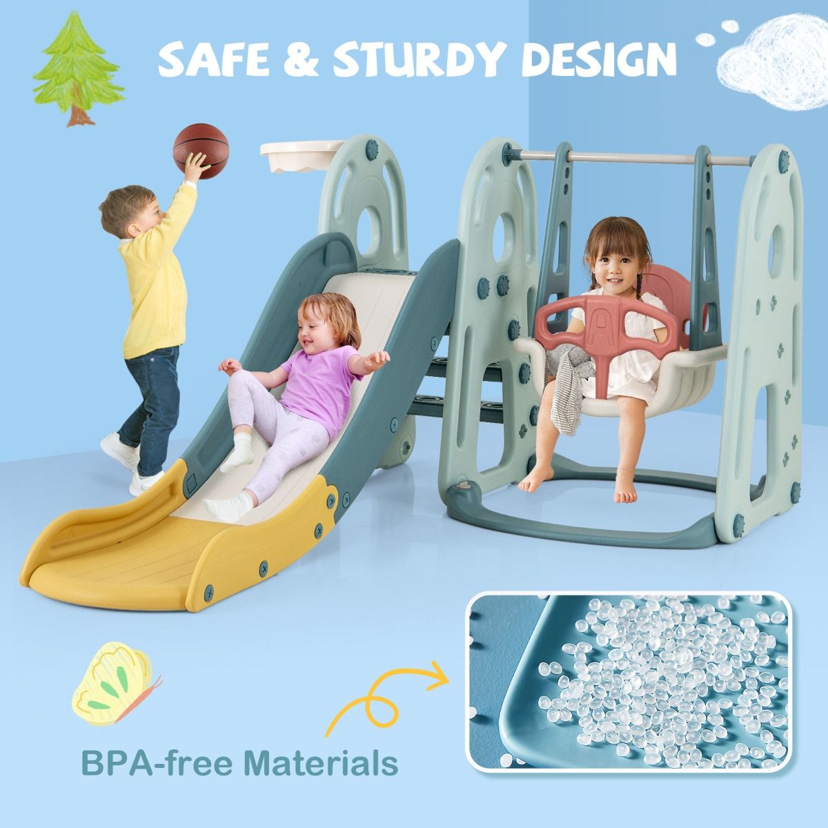 Coast 4-in-1 Kinderrutsche und Schaukel mit Basketballring - Mehrfarbig - 198 x 149 x 96 cm