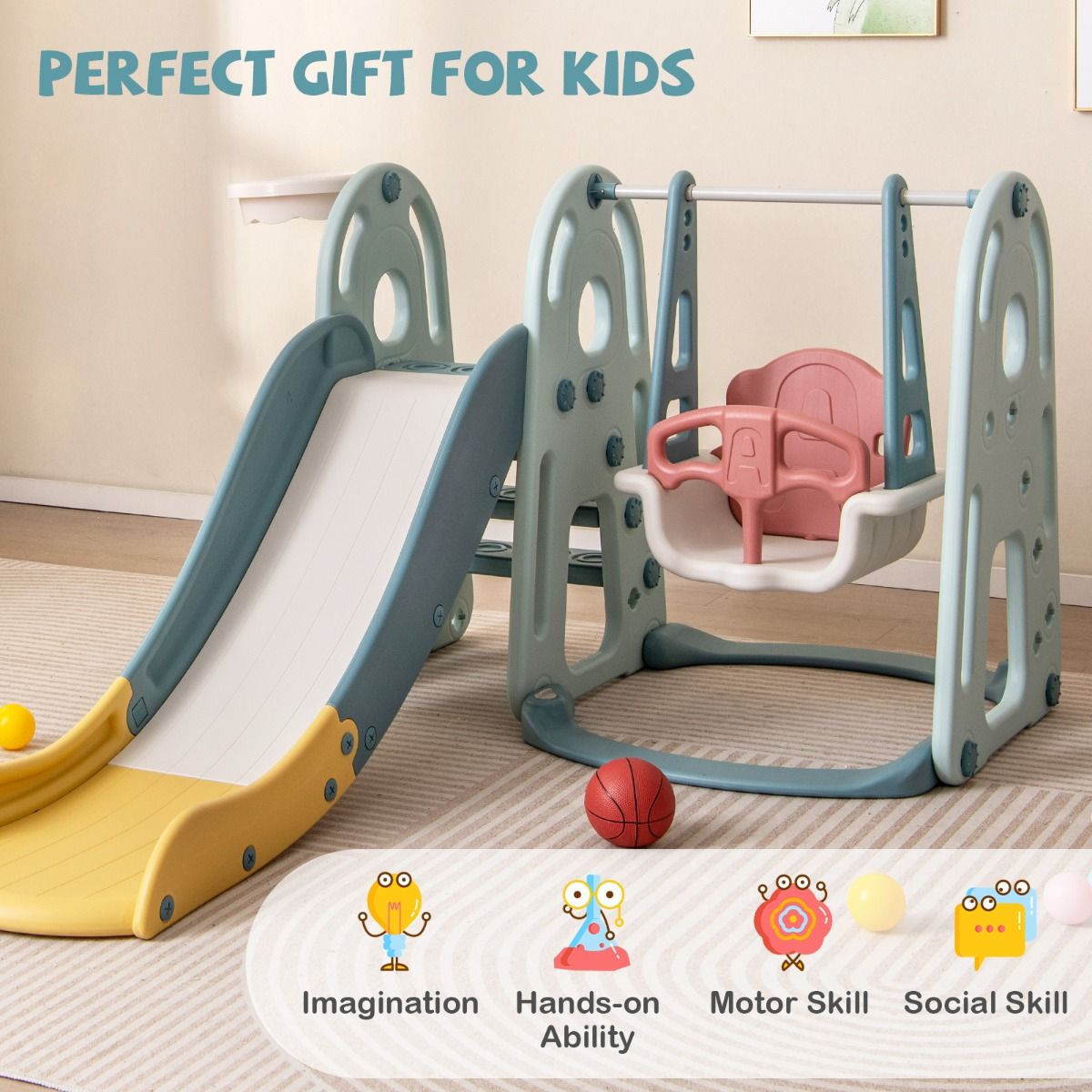 Coast 4-in-1 Kinderrutsche und Schaukel mit Basketballring - Mehrfarbig - 198 x 149 x 96 cm