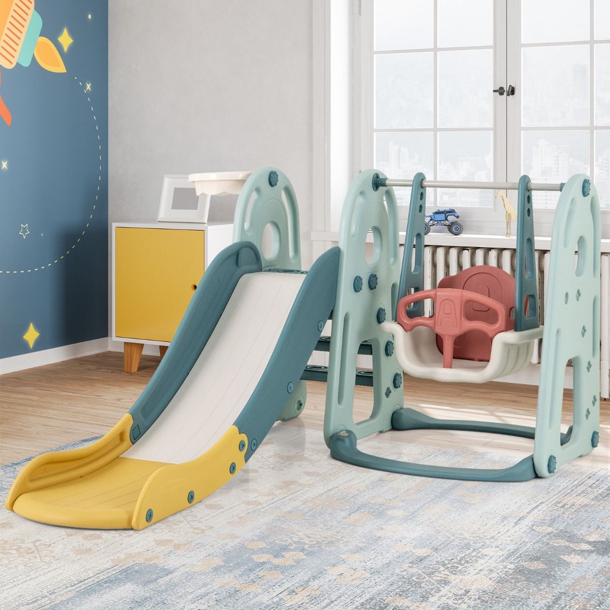 Coast 4-in-1 Kinderrutsche und Schaukel mit Basketballring - Mehrfarbig - 198 x 149 x 96 cm