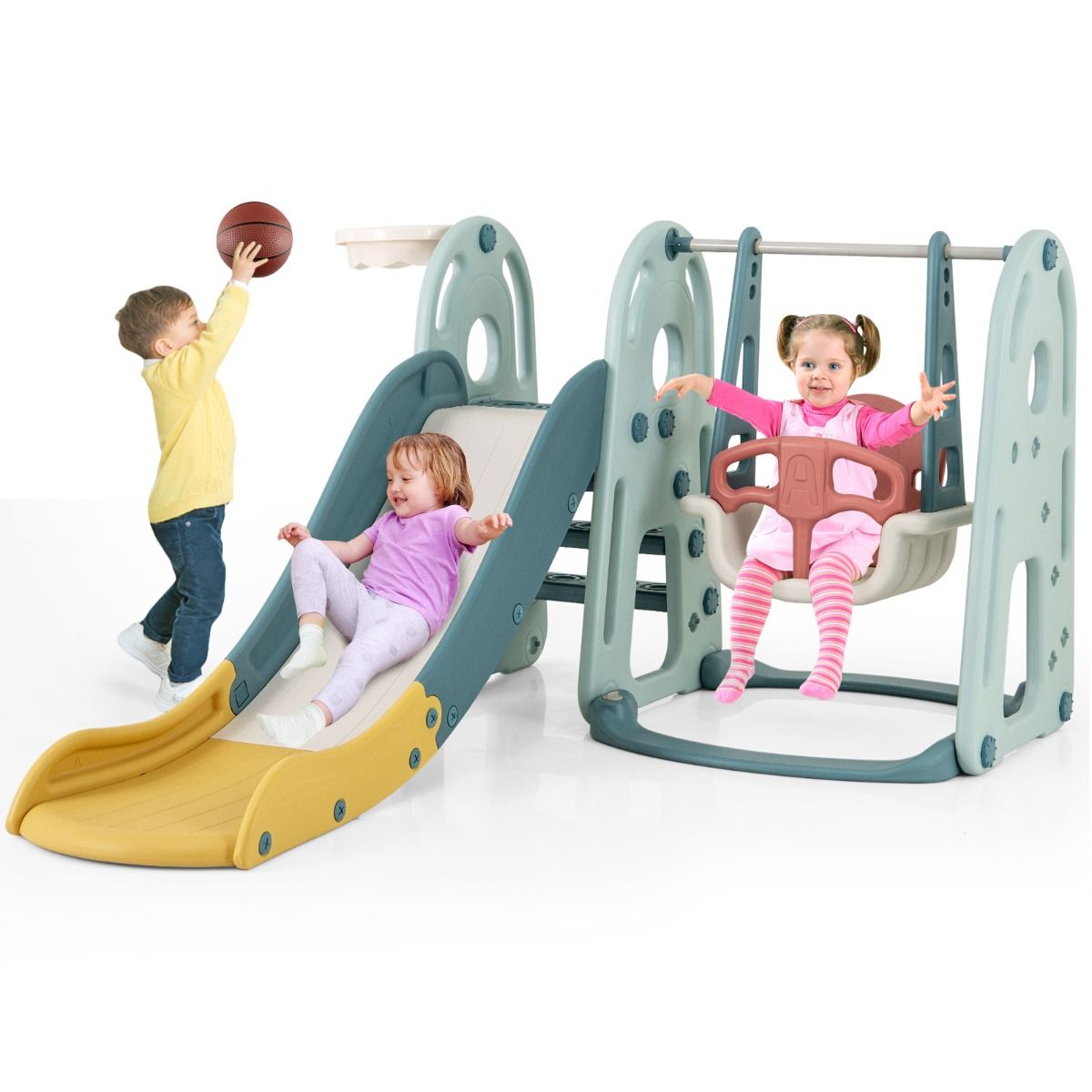 Coast 4-in-1 Kinderrutsche und Schaukel mit Basketballring - Mehrfarbig - 198 x 149 x 96 cm