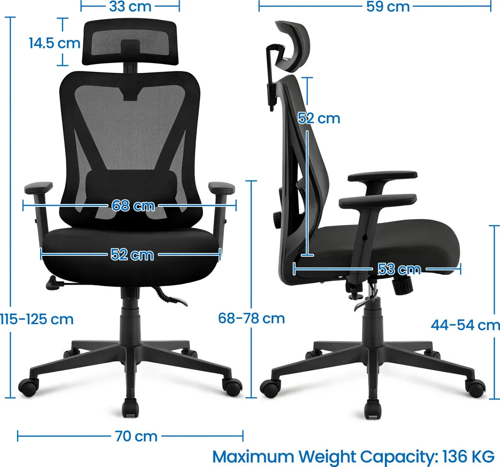 Yaheetech Ergonomischer Bürostuhl - Mesh - Verstellbar - Mit Kopfstütze - Armlehnen - Schwarz