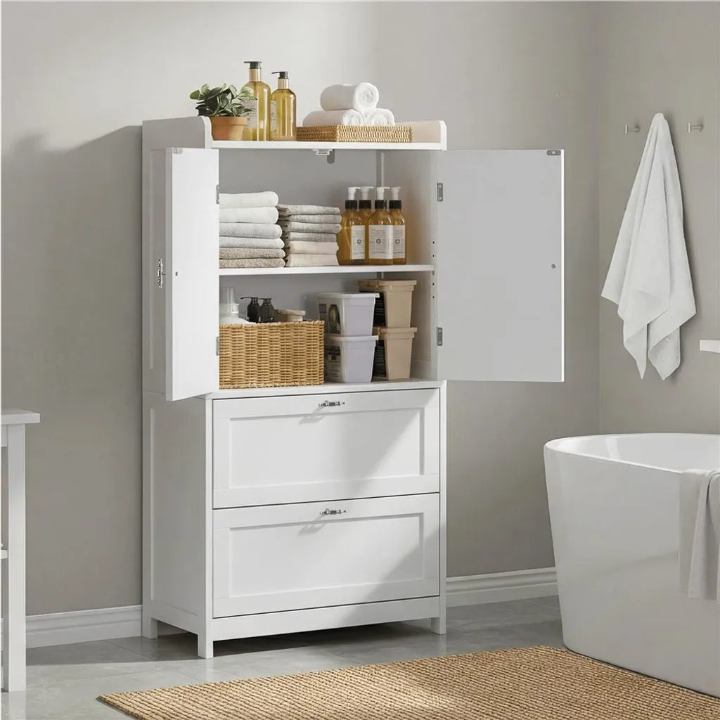 Yaheetech Badezimmerschrank mit 2 Türen und 2 Schubladen, 60 x 30 x 115 cm, Weiß