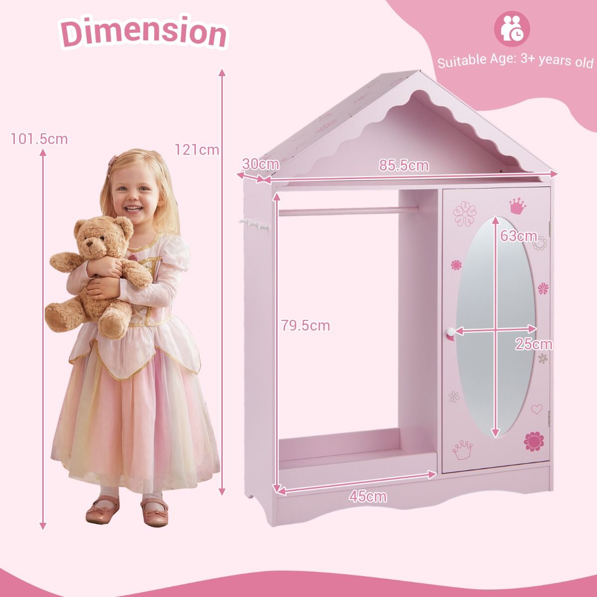 Coast Kinderkleiderschrank mit Spiegel – Dachförmiges Design mit Kleiderstange, Regalböden und Haken – 85,5 x 30 x 121 cm – Rosa