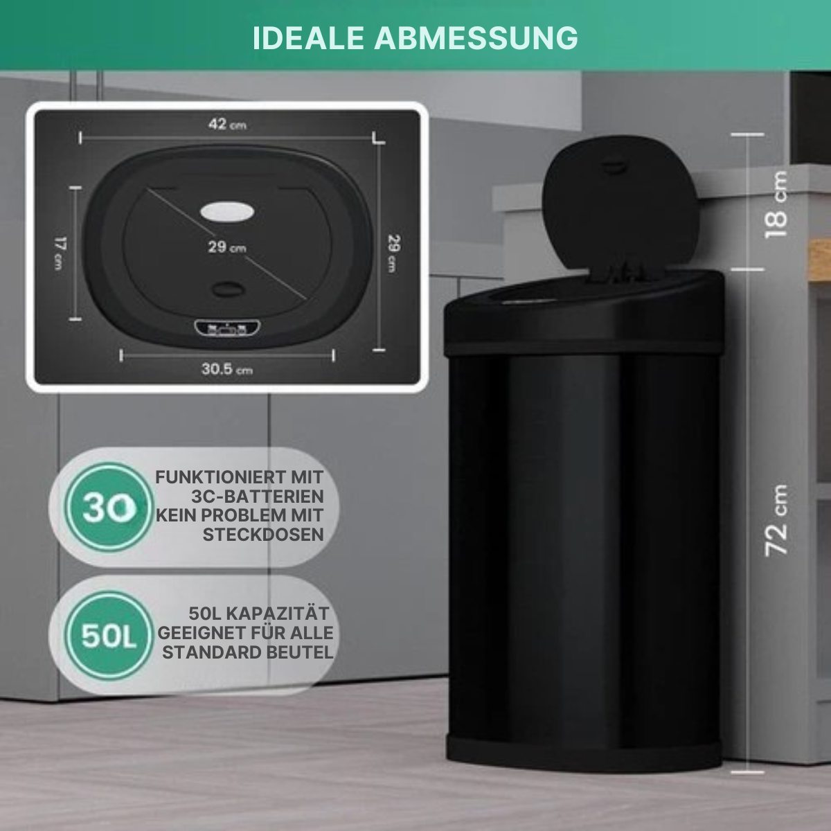 Avalo - Abfalleimer mit Sensor 50L - Edelstahl - Soft Close/ Fingerabdrucksicher/ Hygienisch - Schwarz