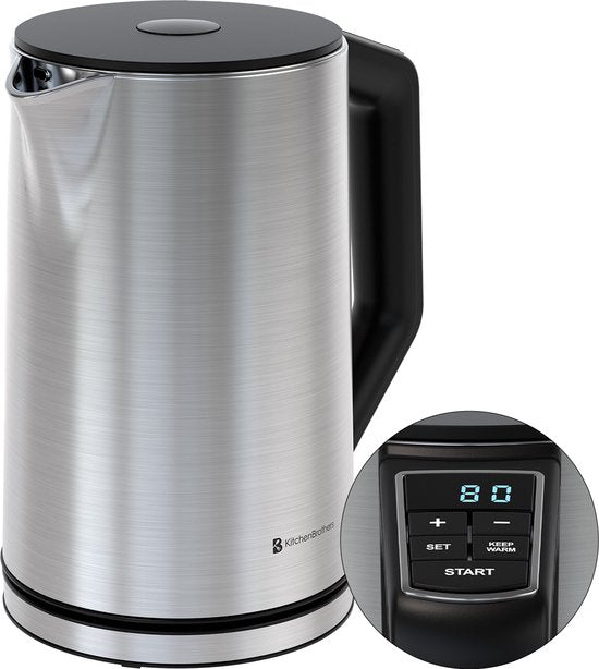 KitchenBrothers Wasserkocher - Elektrisch - 1,5L - 2200W - Einstellbare Temperaturregelung - Doppelwandig - Edelstahl-Wasserkocher - Silber