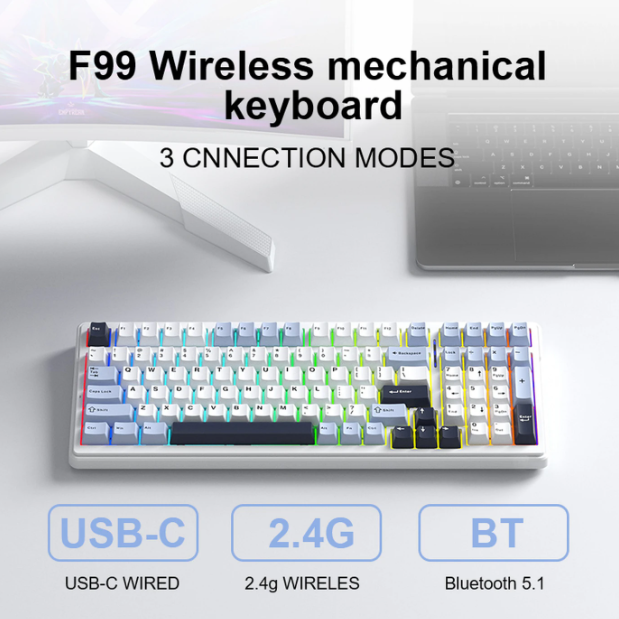 AULA F99 Kabellose mechanische RGB-Tastatur – Hellblau & Grau – 99 Tasten, Tri-Mode
