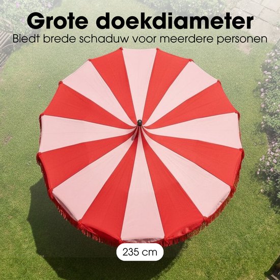 Mica Decorations Kim – Gestreifter Sonnenschirm mit Tragetasche – Stabsonnenschirm 238 x Ø 235 cm – Garten- oder Balkonsonnenschirm – Polyester, Stahl – Rot