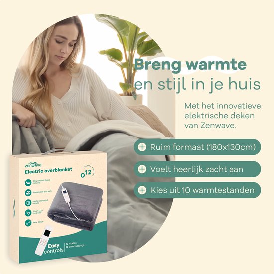 Zenwave Heizdecke 180x130cm - Waschmaschinenfeste Wickeldecke Grau - 10-stufige Wärmedecke - Ultraweiches Fleece-Wärmeplaid - Heizdecke - Camping & Outdoor - 1 Person