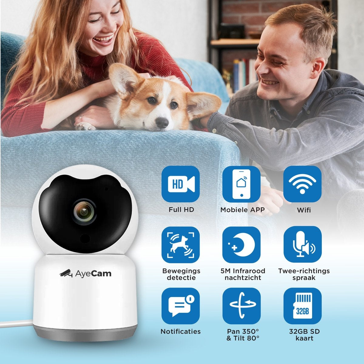 AyeCam Haustierkamera - Mit App - Inkl. 32GB SD - WiFi - Bewegungs- & Geräuscherkennung - Sicherheitskamera - Hundekamera