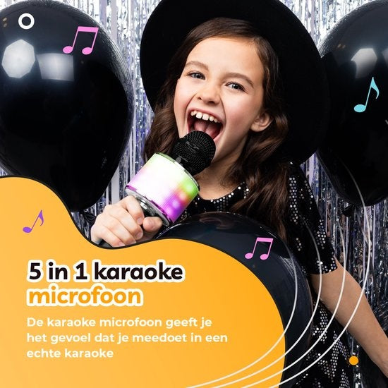AyeKids 5-in-1 Karaoke-Mikrofon - Drahtlos & Bluetooth - Eingebauter Lautsprecher & Disco-Lichter - Inkl. AUX-Kabel - Mikrofon Kinder - Karaoke-Set - Schwarz