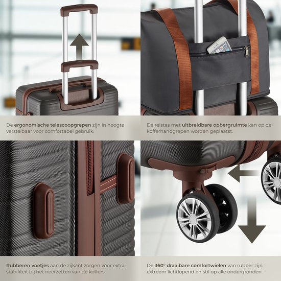 tectake® Kofferset - 13-teiliges Reiseset - Koffer - Kofferset - Reisegepäck-Set Inklusive Handgepäckkoffer, Geräumiger Reisekoffer groß, Reisetasche, Kulturbeutel, Zubehörtasche - Trolley mit TSA-Schloss - Anthrazit