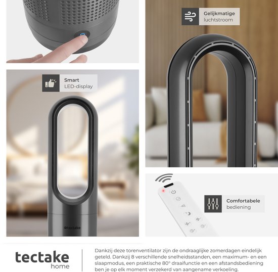 tectake® Turmventilator Polar – Säulenventilator inklusive Fernbedienung – 8 Geschwindigkeitsstufen und Timer – 80°-Schwenkfunktion – Leiser Ventilator (35–55 dB) - Standgerät mit LED-Bedienfeld – 55,5 cm hoch – Luftkühler – Anthrazit