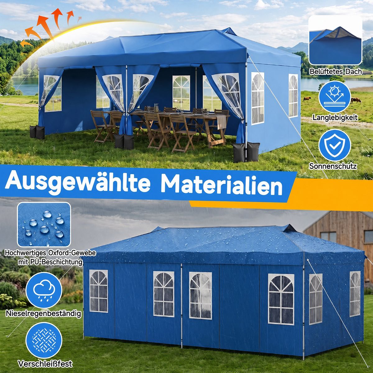 Faltbares Partyzelt „Coast“ – 3 x 6 Meter – höhenverstellbar – 6 Seitenwände – blau