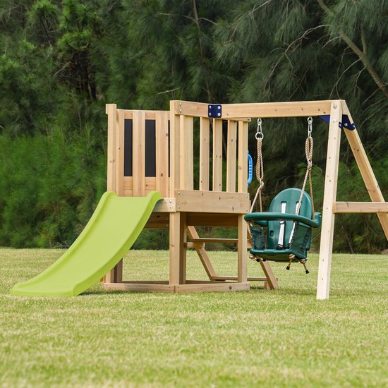 AXI Timo Mini-Spielgerät mit Babyschaukel, Kletterwand und Kreidetafel – Rote Rutsche – FSC-Holz – Kleines Spielgerät für den Garten / den Außenbereich