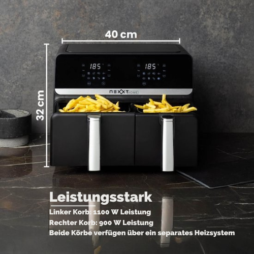 Nexxt Digital Double Airfryer XXL - Mit Touchscreen - 5,5 + 3,5 Liter - 8 Kochprogramme - Schwarz