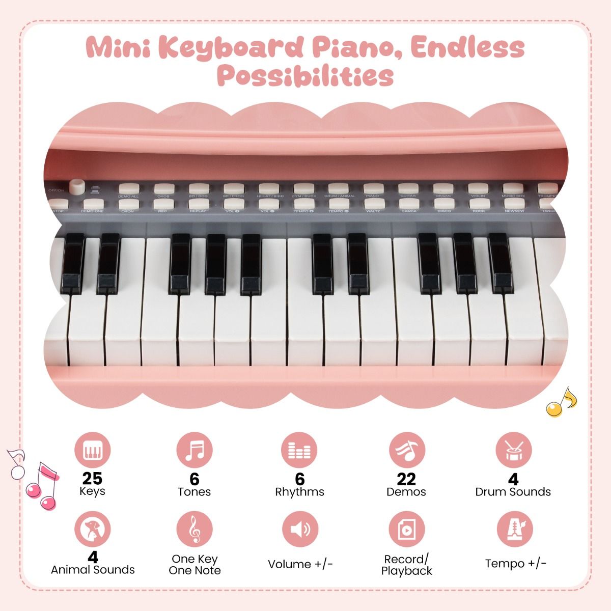 Coast Kinderkeyboard – 25 Tasten – mit Hocker, Notenständer und Mikrofon – rosa und grau