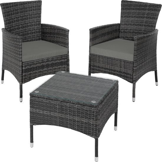 tectake - Geflechtmöbel-Gartenset mit austauschbaren Bezügen, 2 Stühle und Tisch mit Glasplatte, 2x Outdoor-Loungesessel mit Armlehnen und Gartentisch, Gartenmöbel-Set, Balkonmöbel - - grau - Poly-Rattan