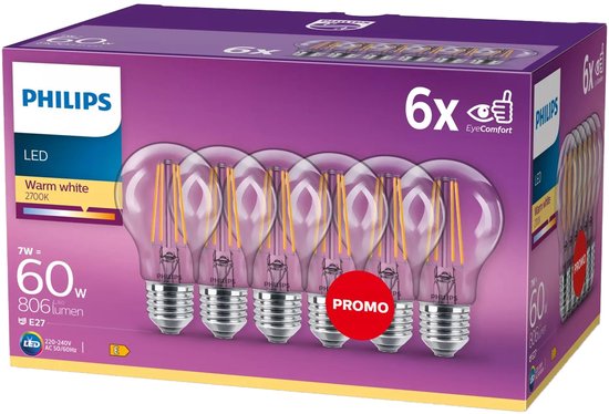 Philips energiesparende LED-Lampe, transparent – 60 W – E27 – warmweißes Licht – 6 Stück – Sparen Sie Energiekosten