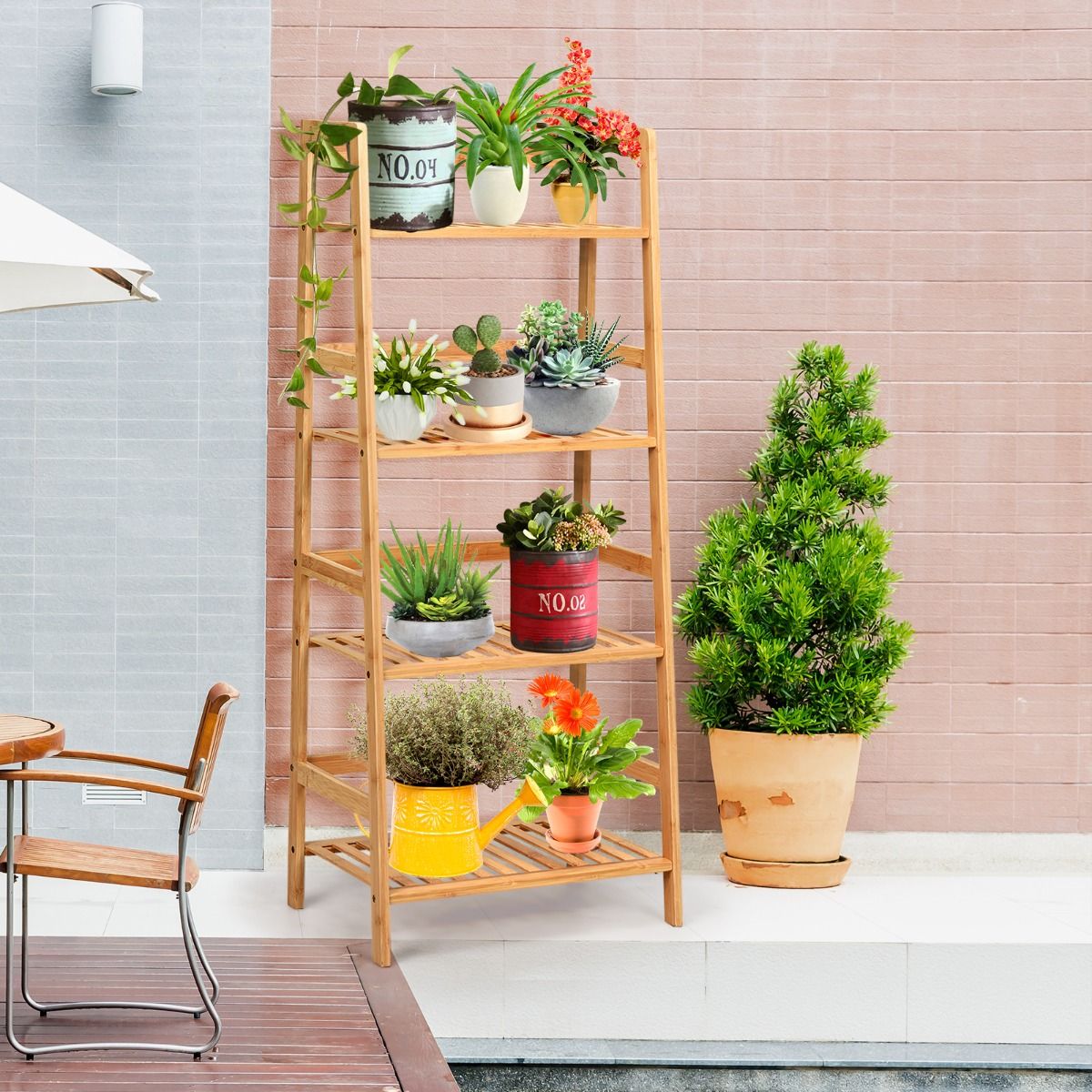 Coast 4-tier Ladder Shelf Plant Stand and Bamboo Book Rack - Natural - 48x32x114 cm