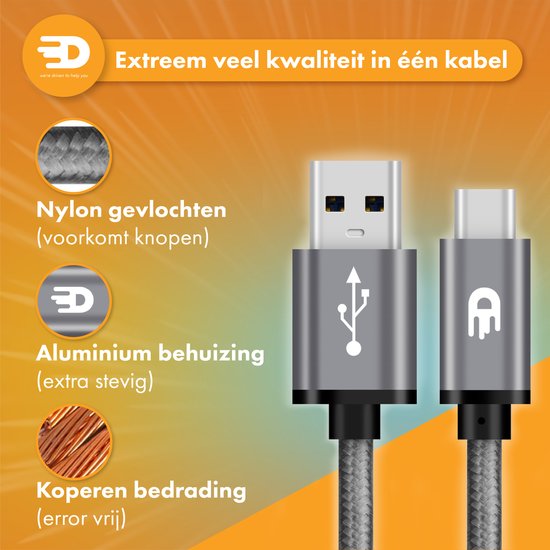 Drivv. USB zu USB C Kabel - Schnellladegerät - USB C Daten- und Ladekabel - 2 Meter - Geeignet für Samsung, iPhone 15 & mehr - Space Grau