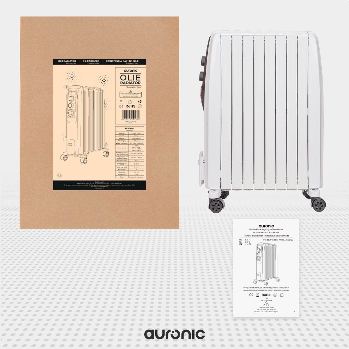 Auronic - Elektrischer Heizkörper - mit Thermostat und Timer - 3 Stufen - Weiß